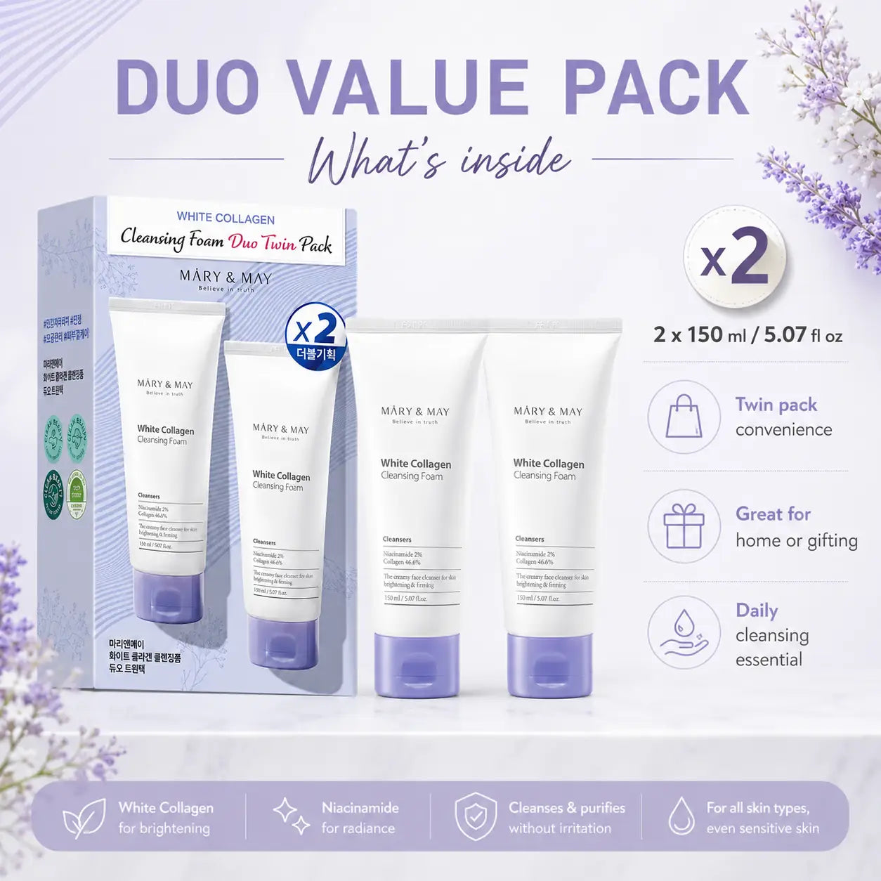 Mary&May White Collagen Cleansing Foam Duo Twin Pack ( x2) 150ml 150ml x2