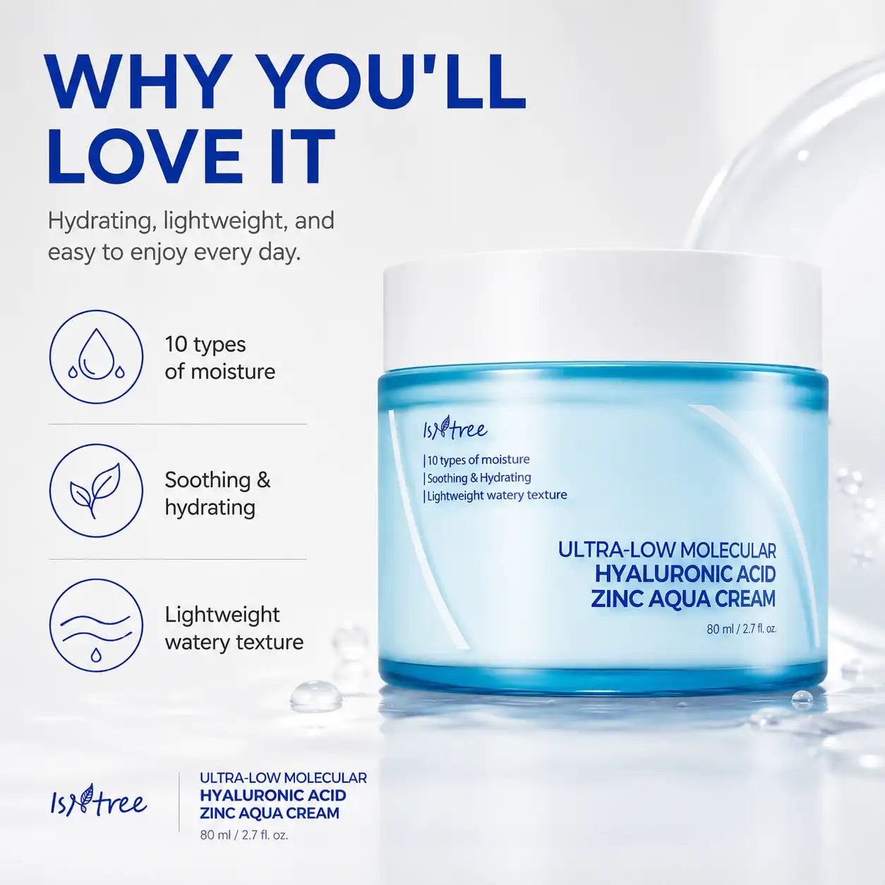 Isntree Ultra Low Molecular Hyaluronic Acid Zinc Aqua Cream 80ml