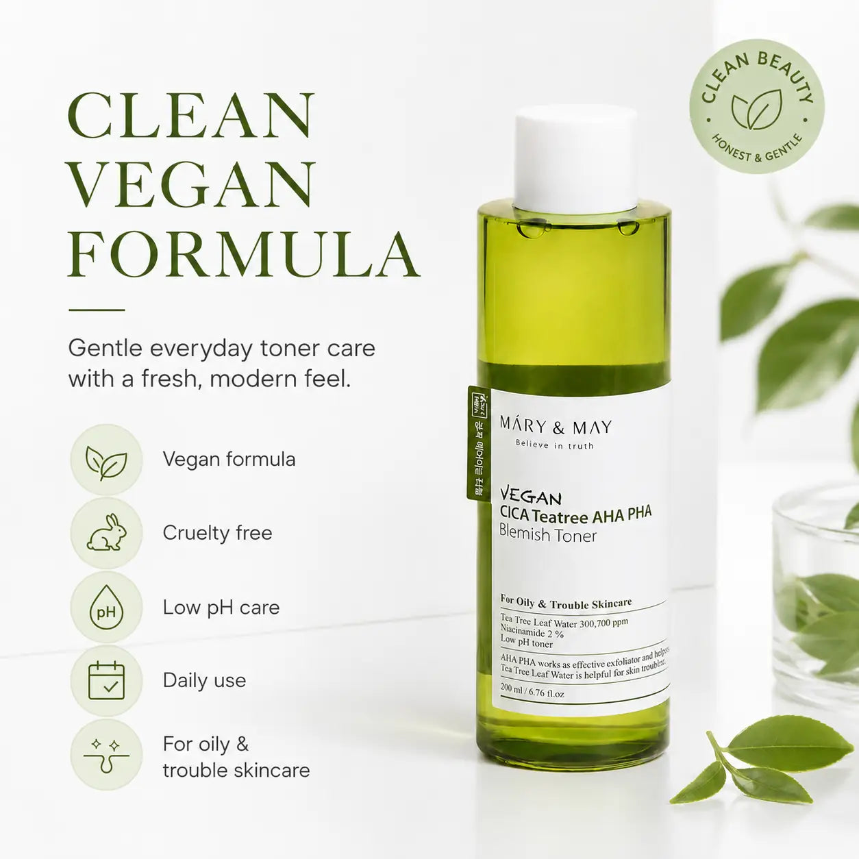 Mary&May Vegan CICA Tea Tree AHA PHA Blemish Toner 200ml