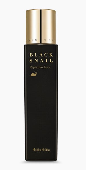 Holika Holika Black Snail Repair Emulsion packaging, snail mucin lotion for firming
