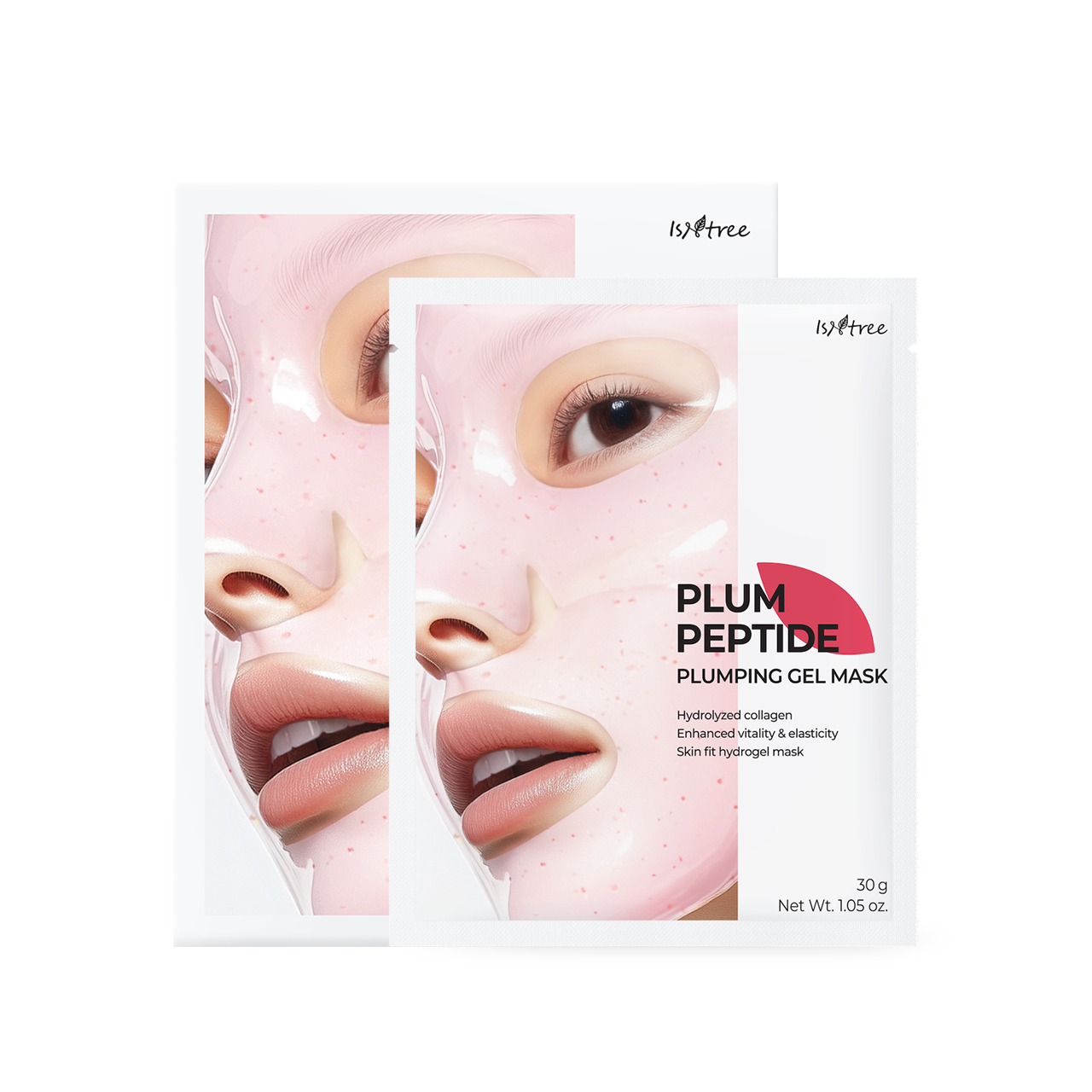 Two piece hydrogel mask sachet unwrapped showing upper and lower pieces