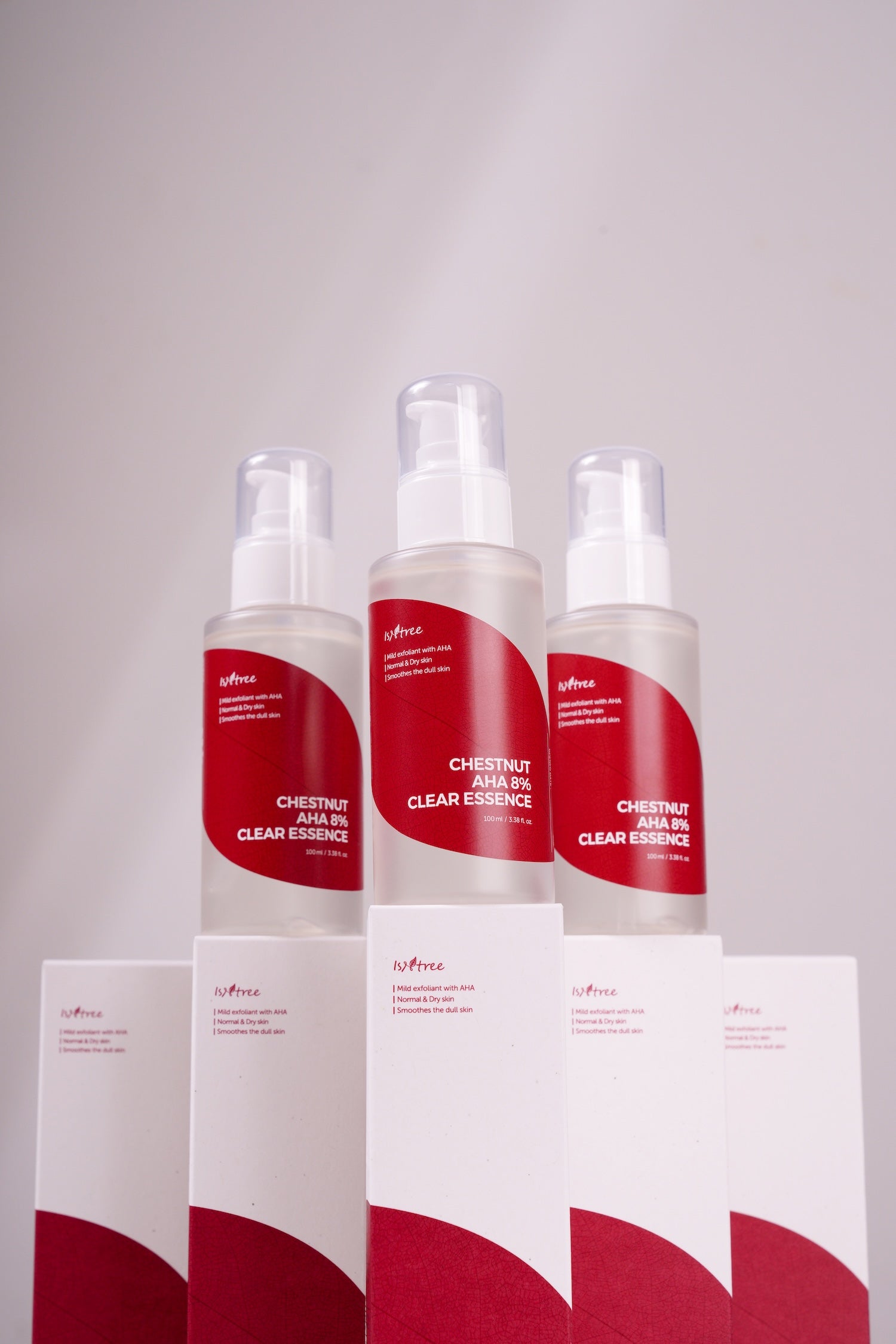 Isntree Chestnut AHA 8% Clear Essence bottle next to packaging box