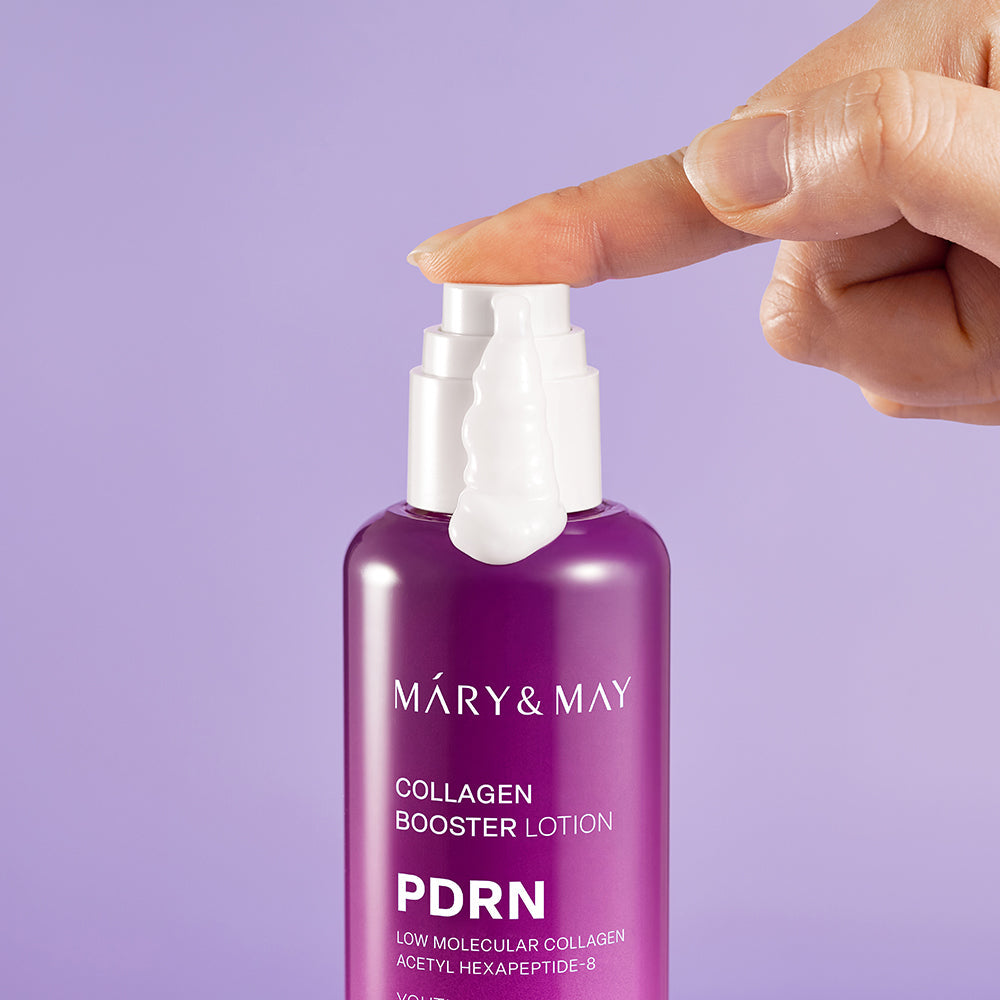 Mary&May Collagen Booster Lotion bottle next to packaging box