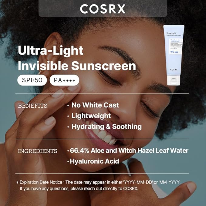 COSRX Ultra-Light Invisible Sunscreen - SPF 50 PA++++, Hydrating Sun Cream With Witch Hazel, Extra High UV Protection, Korean Skincare, 50mL