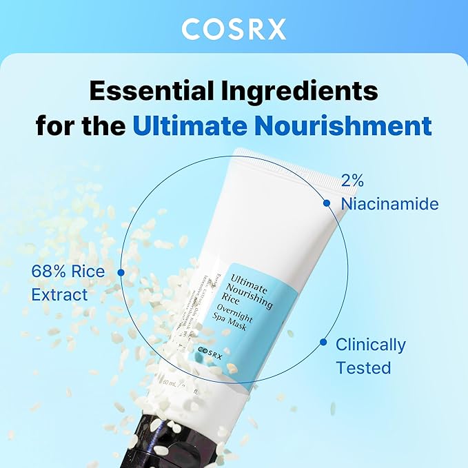 COSRX Ultimate Nourishing Rice Overnight Spa Mask, 60ml / 2.02 fl.oz | Rice Extract 68% and Niacinamide 2%, Korean Skin Care, Animal Testing Free, Paraben Free