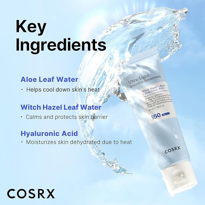 COSRX Ultra-Light Invisible Sunscreen - SPF 50 PA++++, Hydrating Sun Cream With Witch Hazel, Extra High UV Protection, Korean Skincare, 50mL