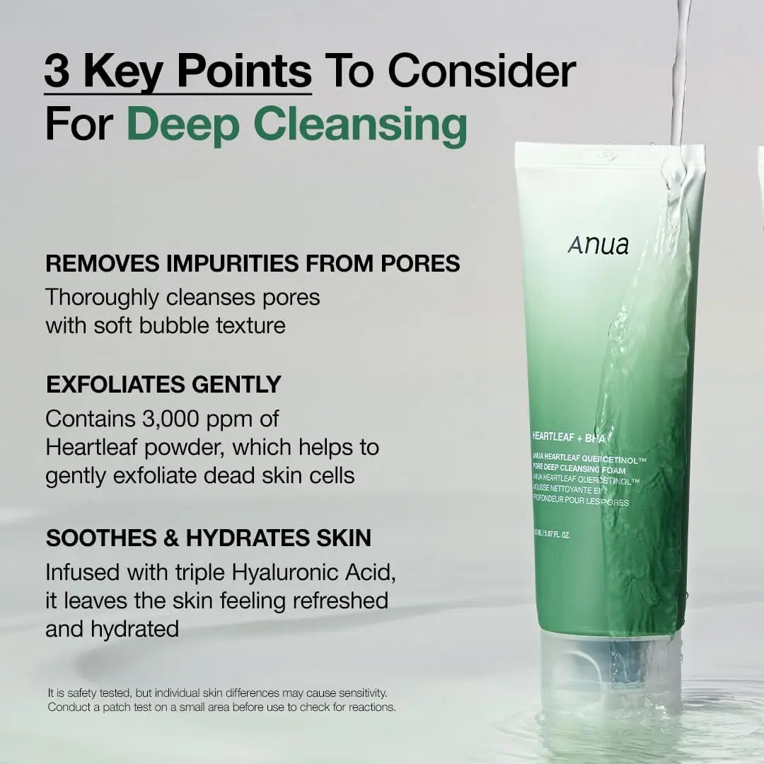 ANUA Heartleaf Quercetinol Pore Deep Cleansing Foam, Facial Cleanser, for Double Cleansing, BHA, Hyaluronic Acid, Glycerin, Face Wash, Blackhead Remover, Korean Skincare, 150ml/5.07 fl.oz. ANUA