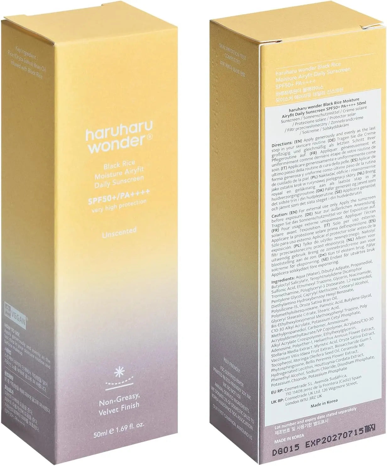 Haruharu Wonder Black Rice Moisture Airyfit Daily Sunscreen SPF50+/PA++++ Haruharu Wonder