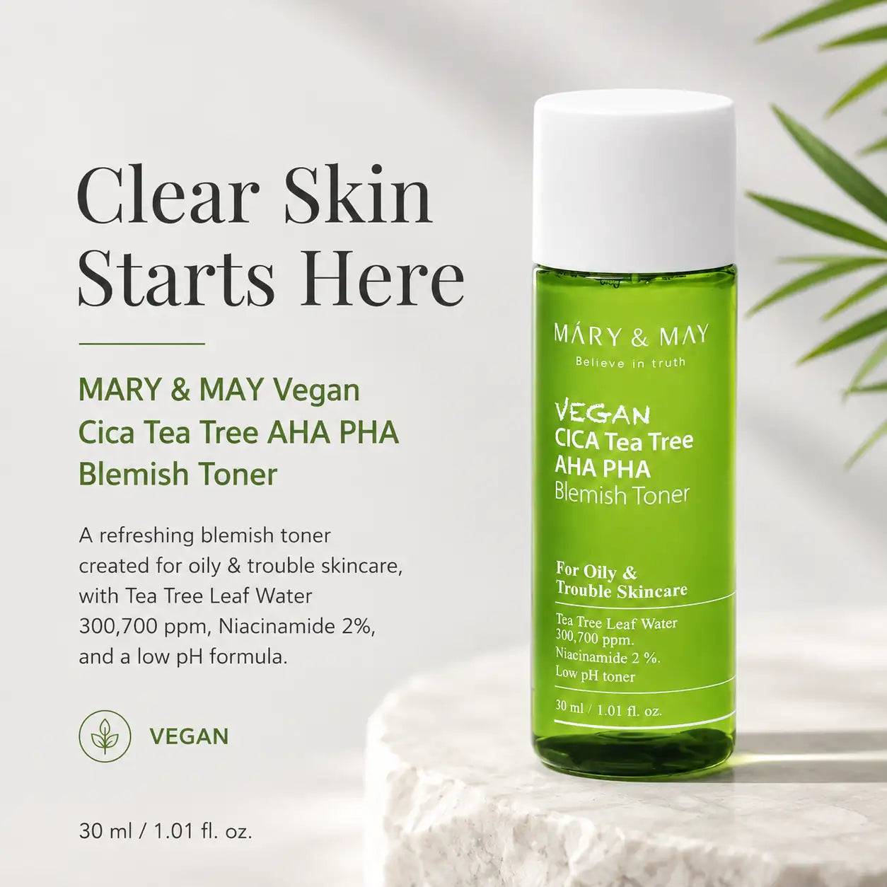 Mary&May Vegan CICA Tea Tree AHA PHA Blemish Toner Miniature 30ml