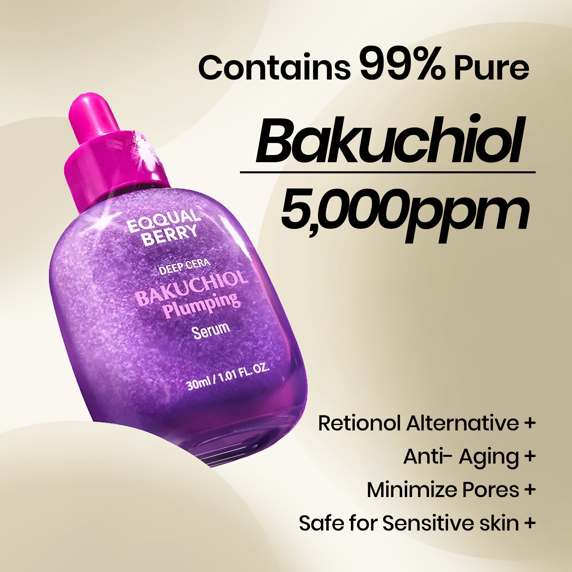 Eqqualberry Bakuchiol Plumping Serum - Retinol Alternative for Sensitive Skin 1.01oz / 30ml