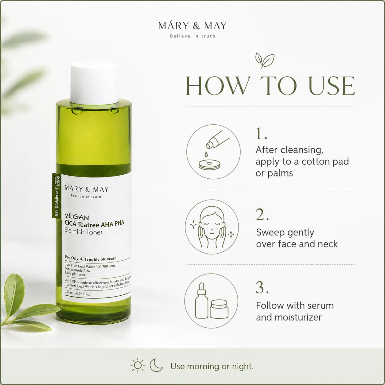 Mary&May Vegan CICA Tea Tree AHA PHA Blemish Toner 200ml