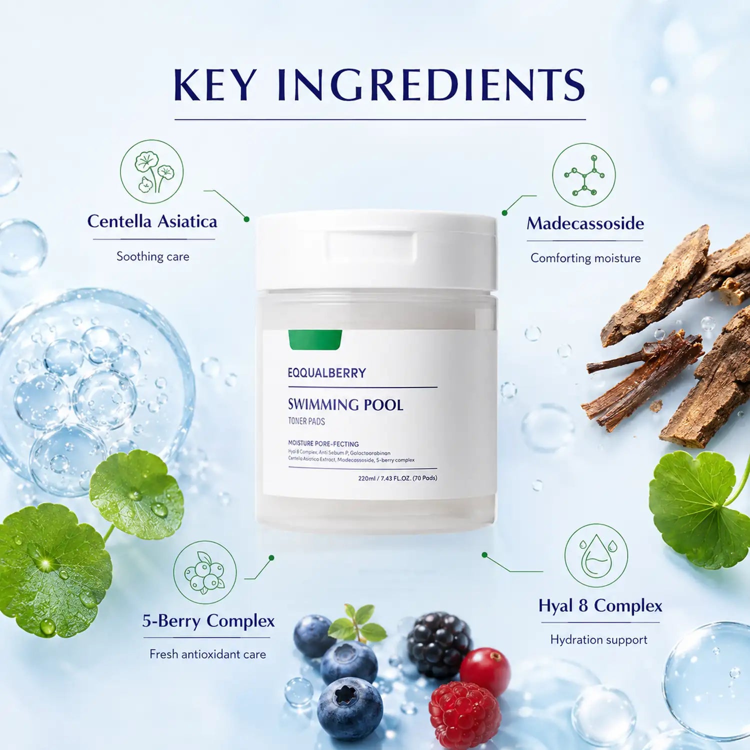 EQQUALBERRY Swimming Pool Toner Pads 220ml 70 Pads