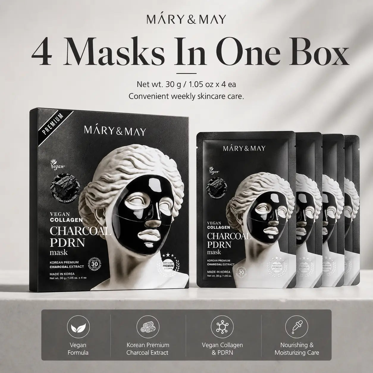 Mary&May Vegan Collagen Charcoal PDRN Mask ( x4) 30g 30g x4