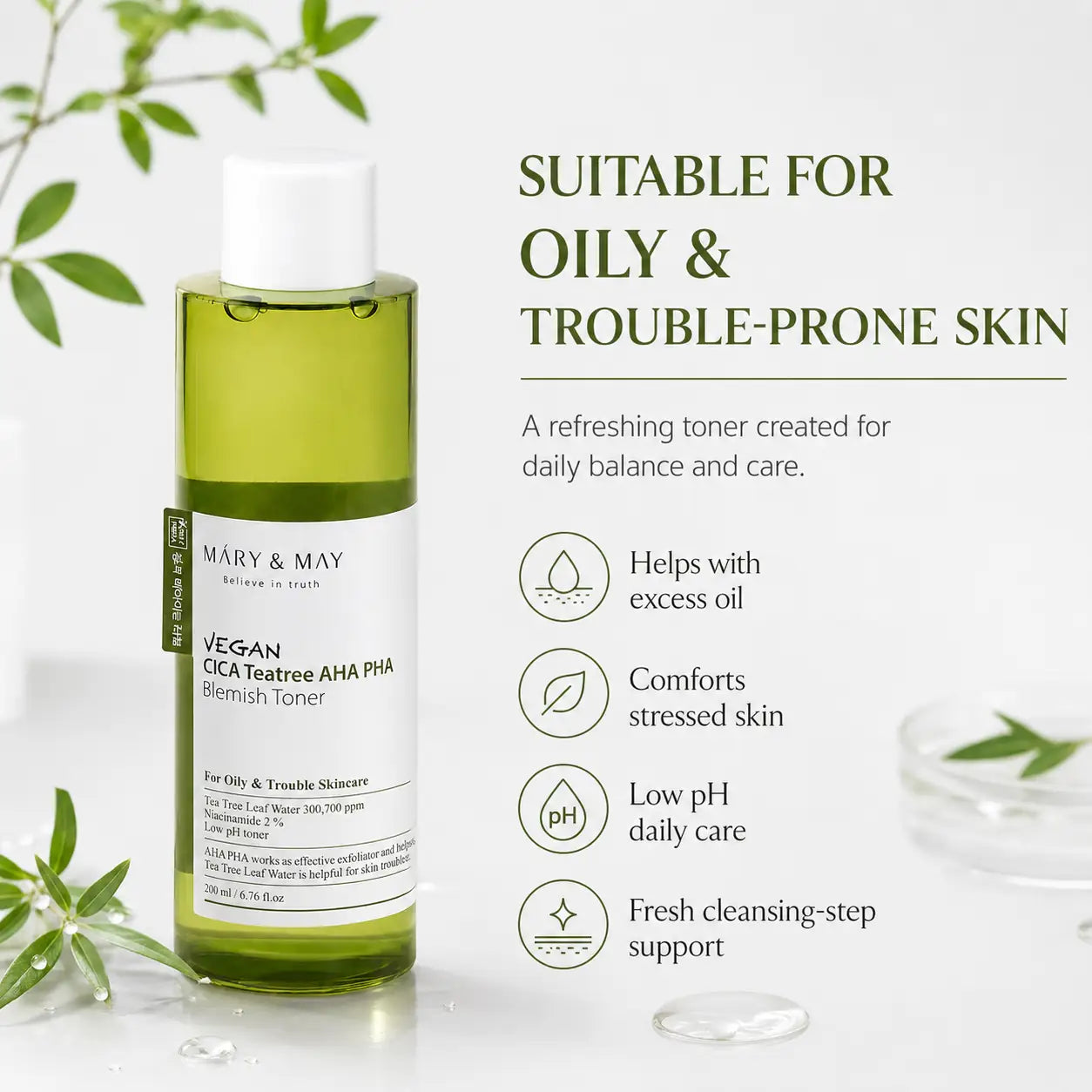 Mary&May Vegan CICA Tea Tree AHA PHA Blemish Toner 200ml