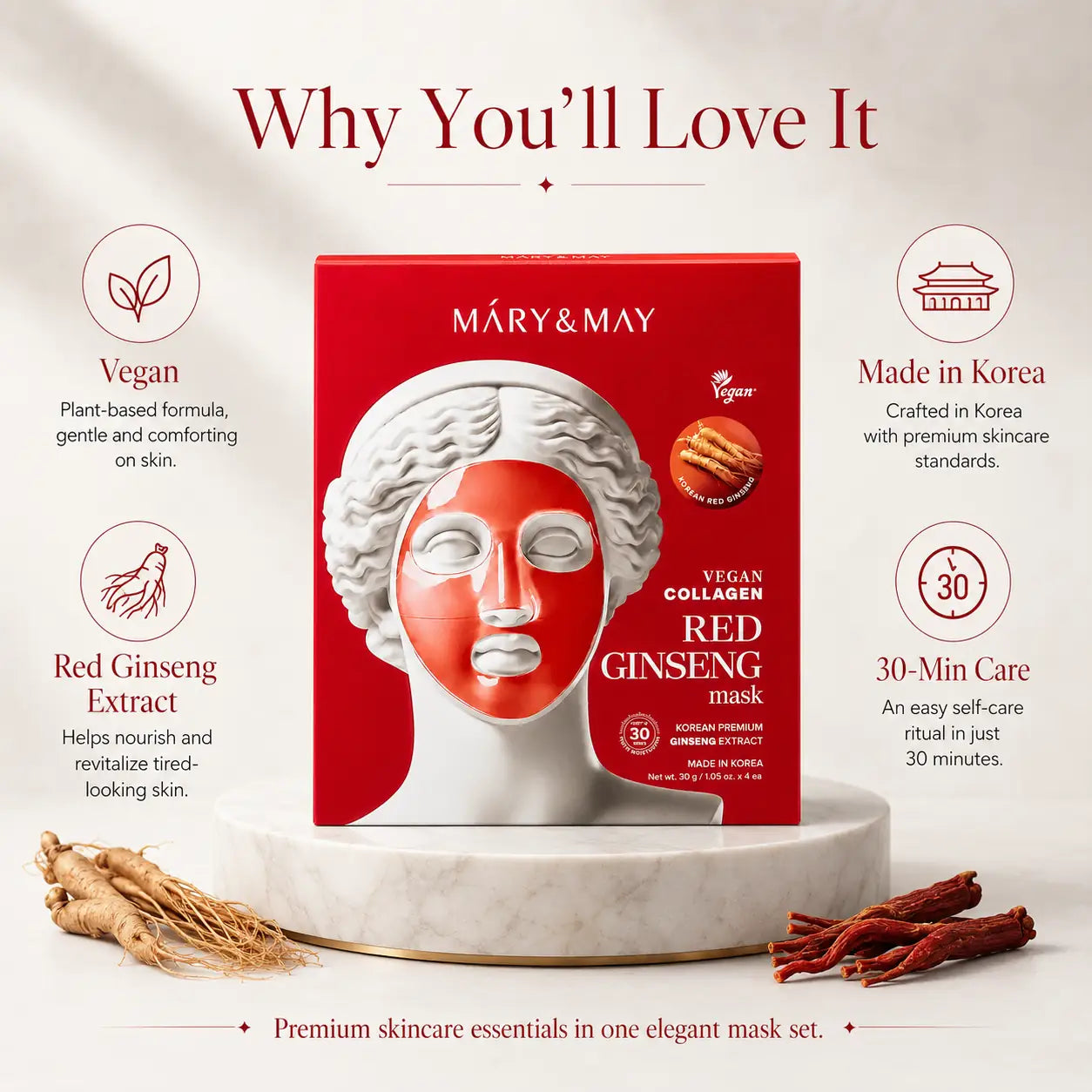 Mary&May Vegan Collagen Red Ginseng Mask ( x4) 30g 30g x4