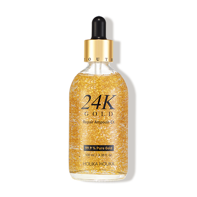 Holika Holika 24K Gold Repair Ampoule packaging, luxury gold serum with peptides