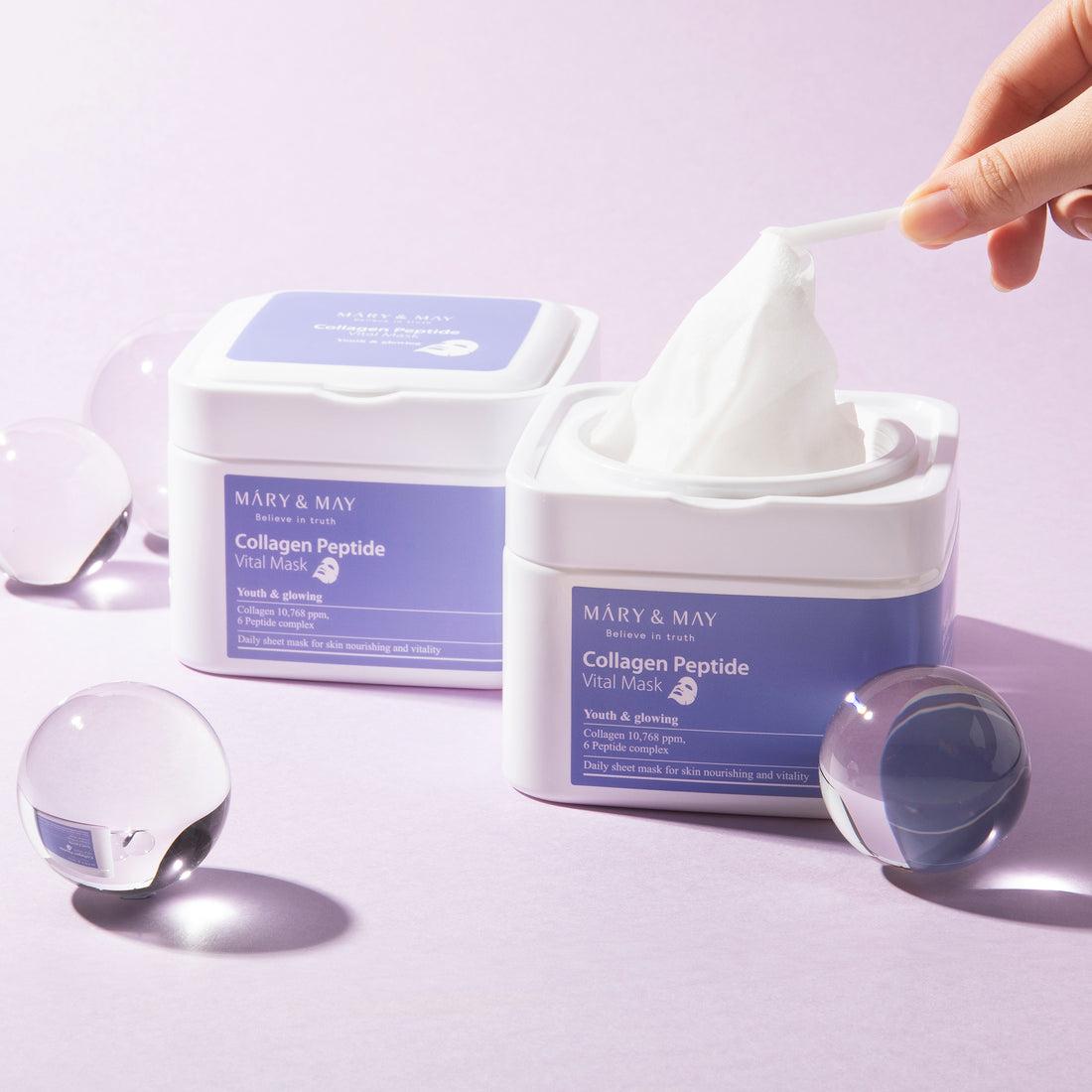 Mary&May Collagen Peptide Mask applied to face showing sheet fit