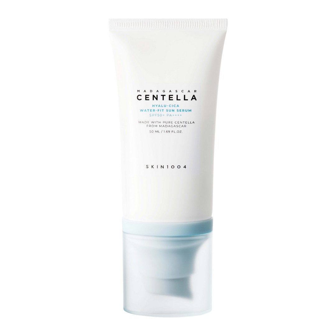 Sun serum bottle photographed against neutral background