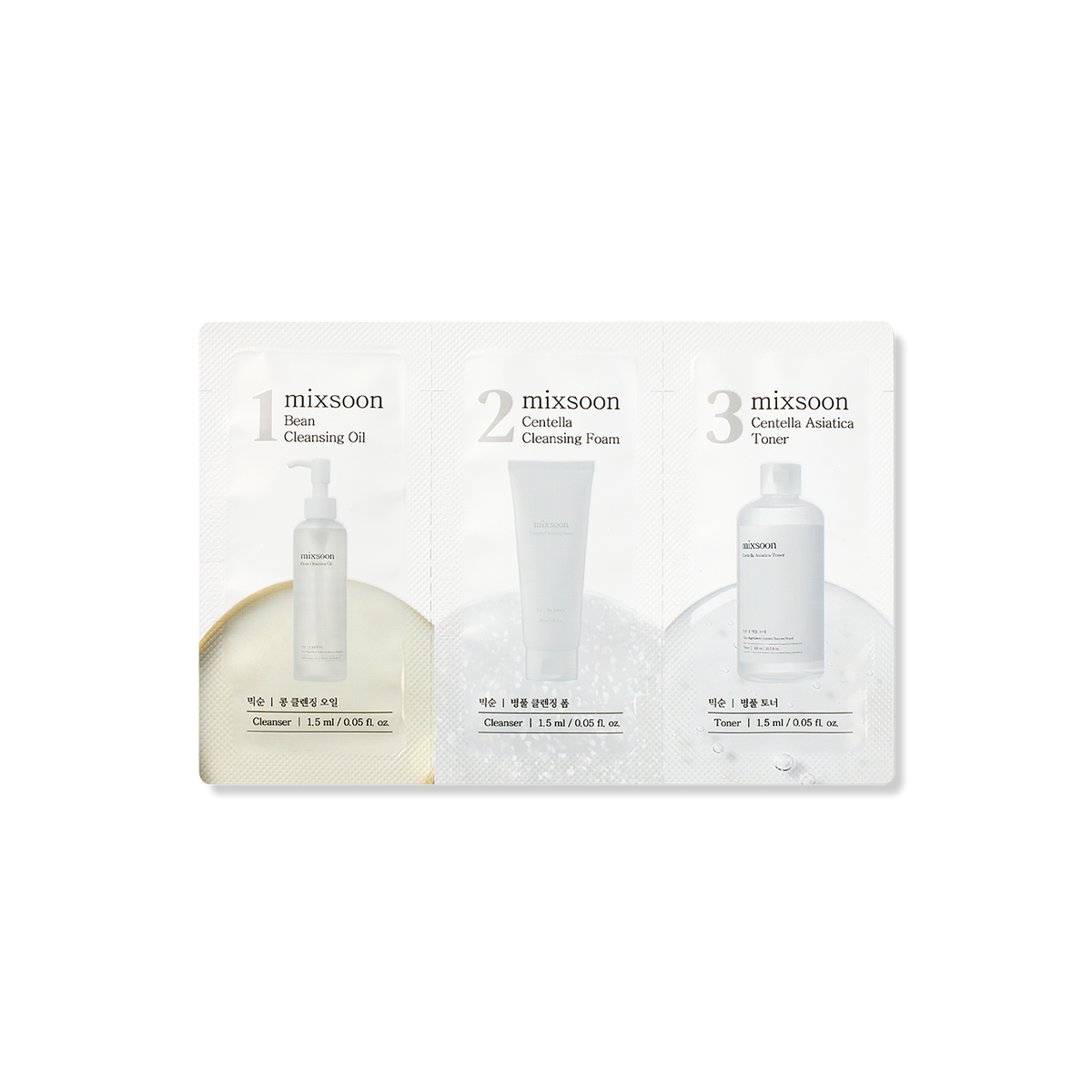 MIXSOON (Step 1,2,3) Bean Cleansing Oil, Centella Cleansing Foam, Centella Asiatica Toner Sachet [1.5ml x 3ea]