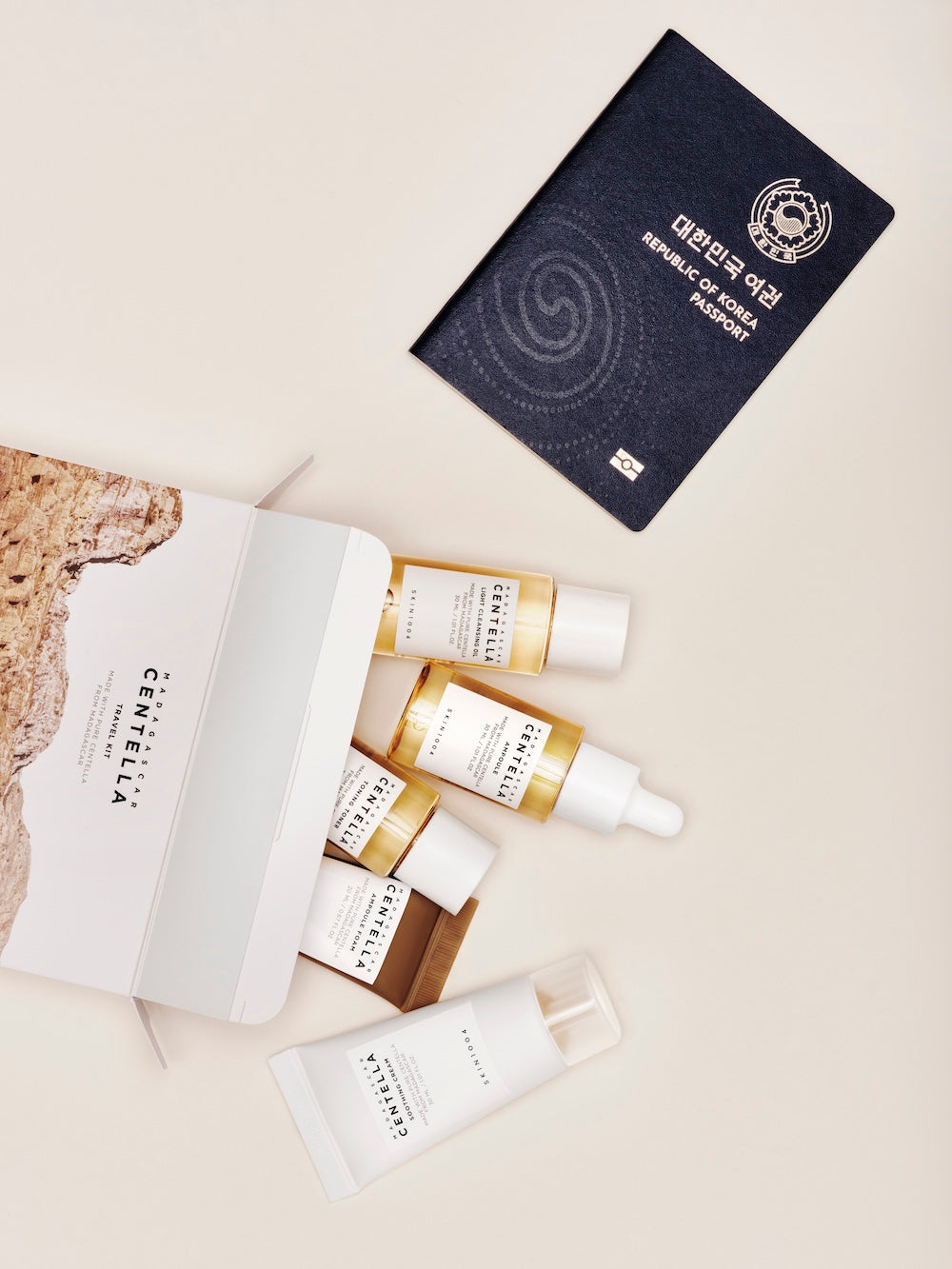 All five travel-sized products lined up next to each other