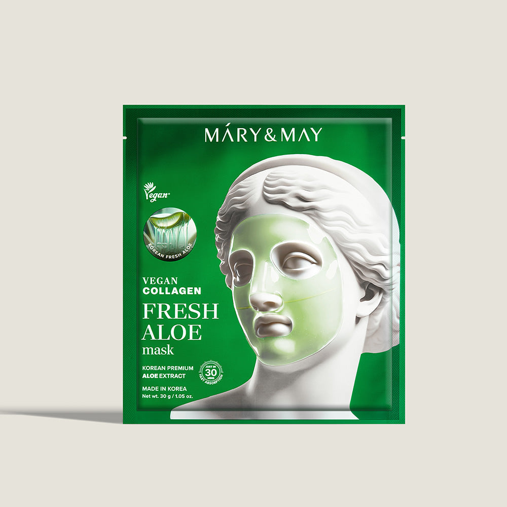 Four individually sealed Mary&May Collagen Aloe Mask sachets laid out