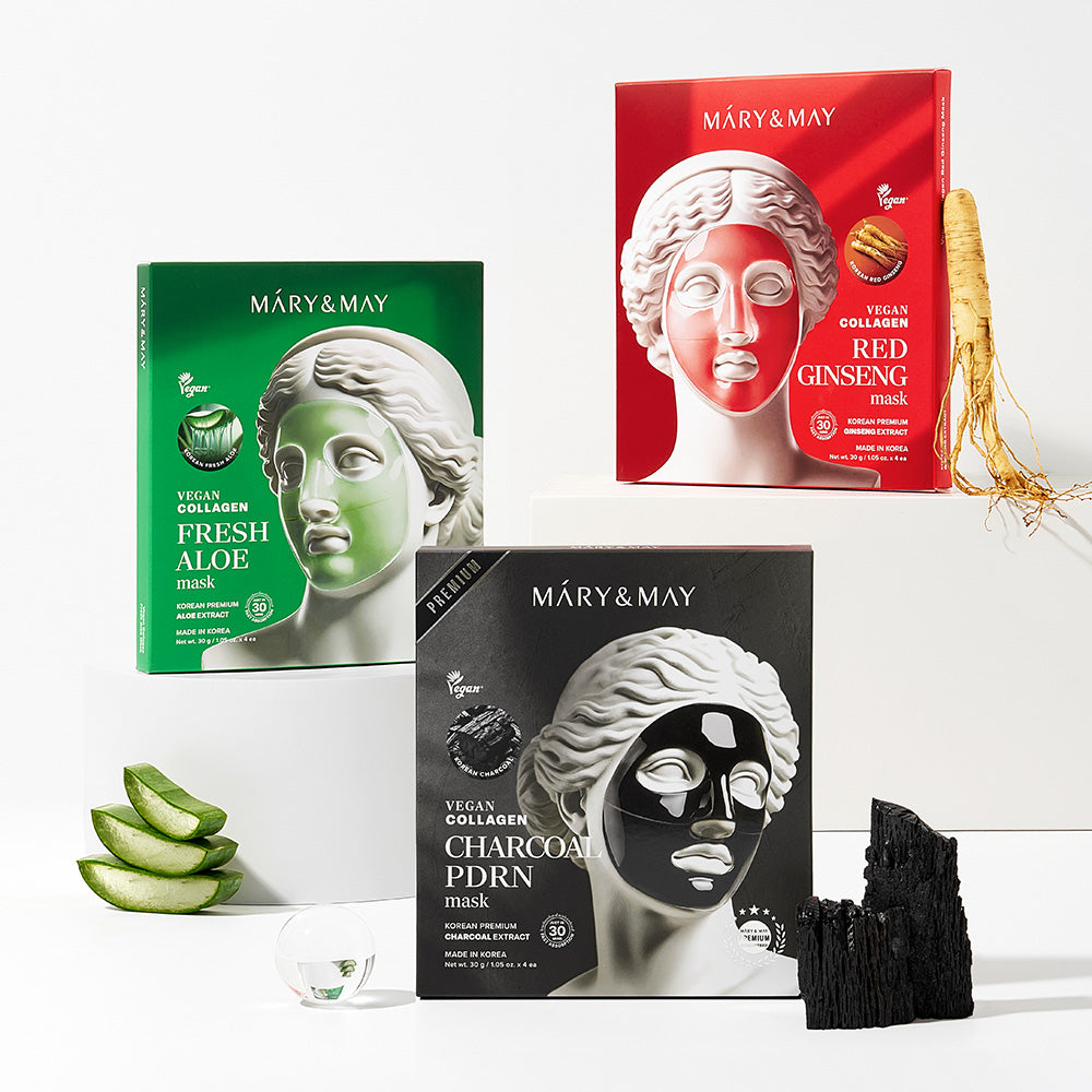 Mary&May Vegan Collagen Charcoal PDRN Mask (30g x4) Korean toner product image