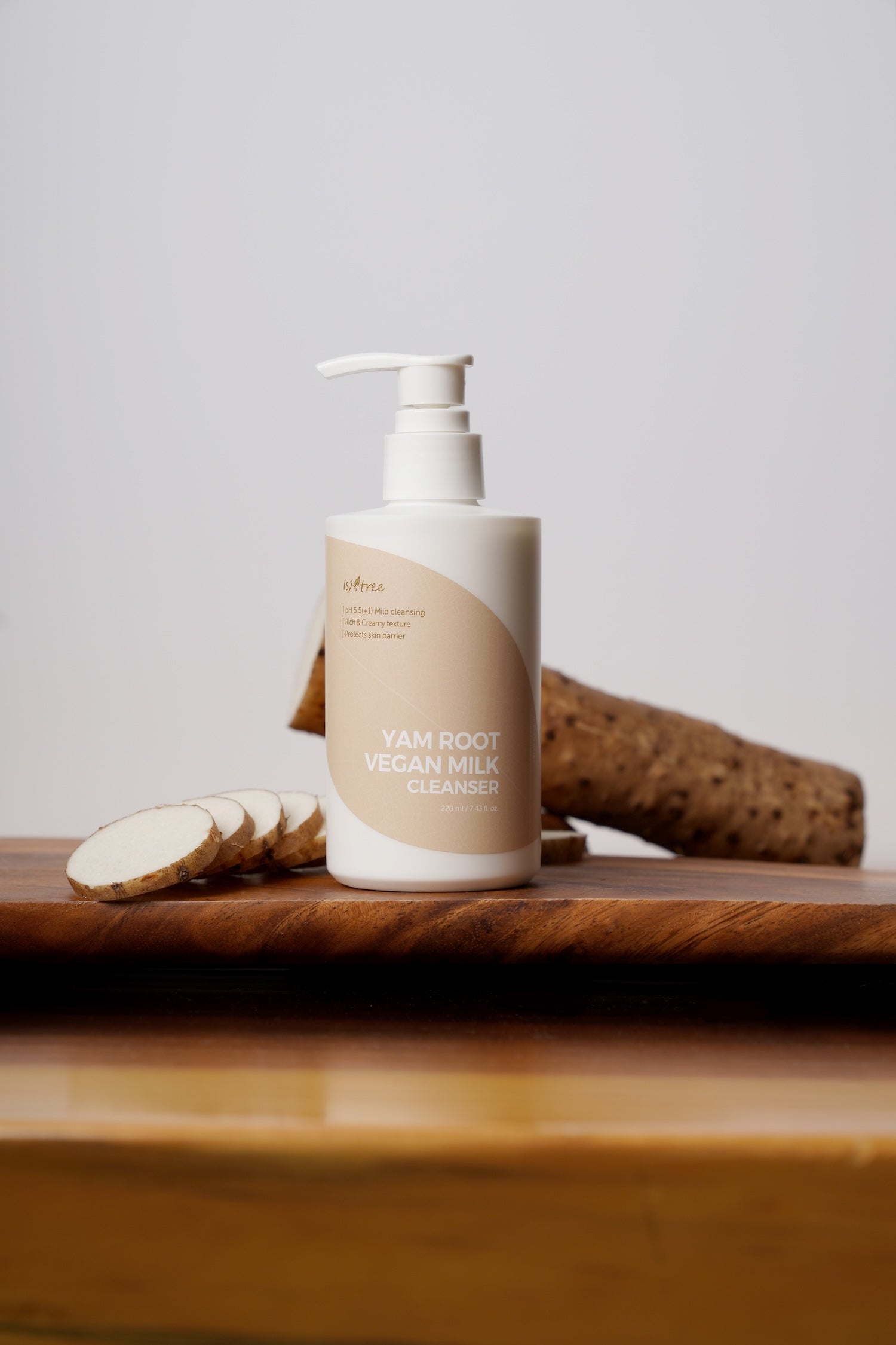 Isntree Yam Root Vegan Milk Cleanser 220ml lifestyle shot on bathroom shelf