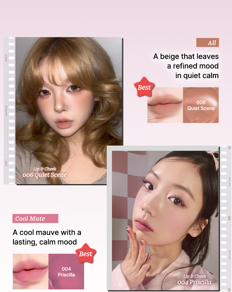 Model with lips parted showing the finish of Tiptoe Mousse Tang 001 Amelie