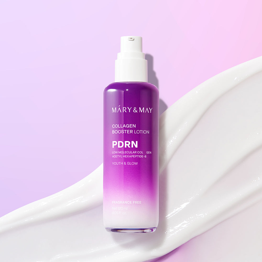 Mary&May Collagen Booster Lotion applied to cheek during evening routine