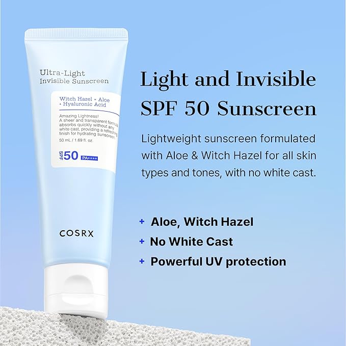 COSRX Ultra-Light Invisible Sunscreen - SPF 50 PA++++, Hydrating Sun Cream With Witch Hazel, Extra High UV Protection, Korean Skincare, 50mL