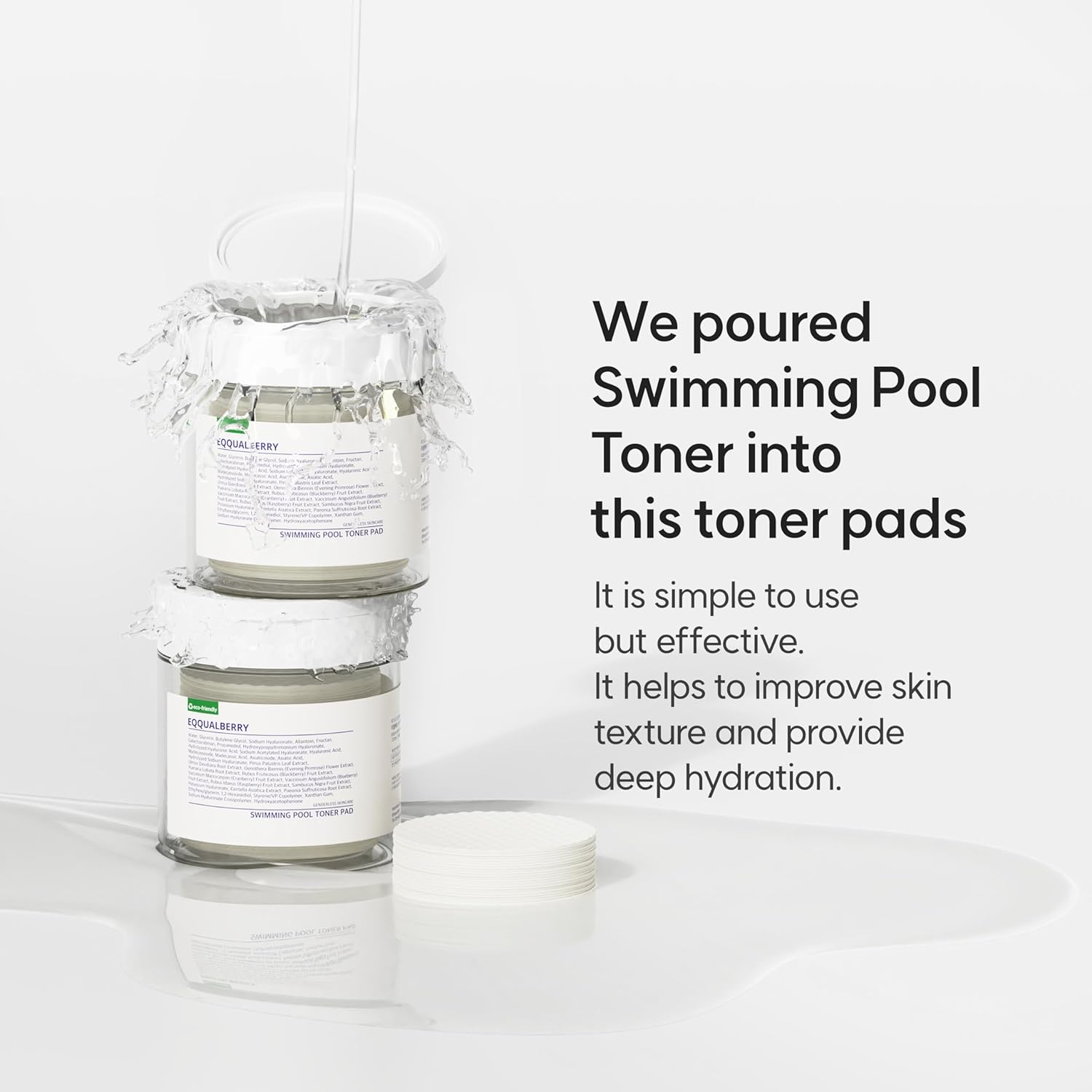 Vegan Swimming Pool Toner Pads (70 sheets/220ml) | Dive into Moisturizing & Mild Exfoliating Korean Skincare, Soft and Big Pad for Sensitive Skin, Hyaluronic Acid, Centella Asiatica Eqqualberry