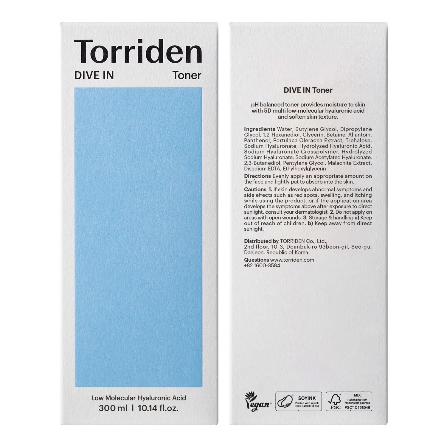 Torriden Dive in Toner 300ml (10.14 fl. oz.) | pH Balancing Facial Toning Water for Dry Skin | Hyaluronic Acid, Panthenol, Allantoin