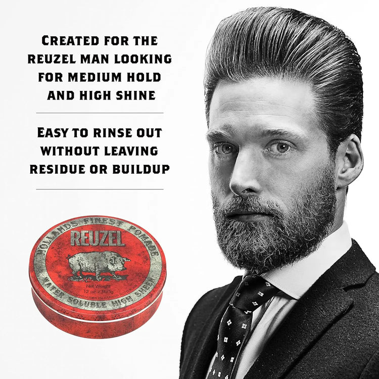 Reuzel Red Water Soluble High Sheen Pomade - No Dry Formula - Keeps High Shine and Strong Hold All Day without Flaking - Easy Rinse Out - Subtle Vanilla Cola Fragrance - Vegan Formula - 340 g Reuzel