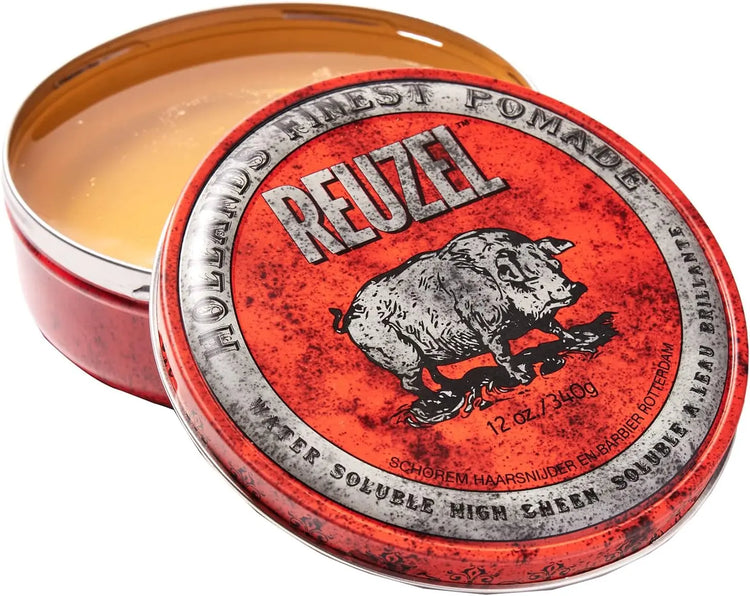 Reuzel Red Water Soluble High Sheen Pomade - No Dry Formula - Keeps High Shine and Strong Hold All Day without Flaking - Easy Rinse Out - Subtle Vanilla Cola Fragrance - Vegan Formula - 340 g Reuzel