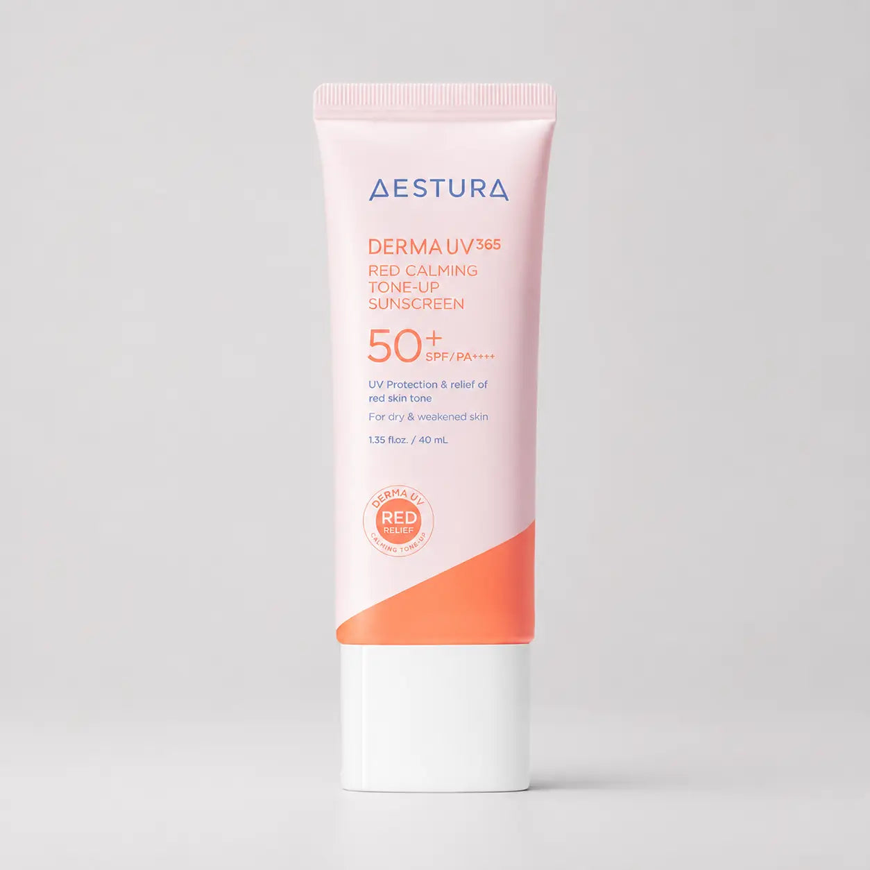 AESTURA Derma UV365 Red Calming Tone Up Sunscreen tube shown upright against a plain background