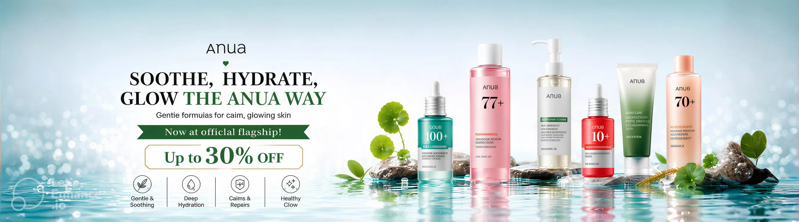Enrapture Cosmetics Anua Glow The Anua Way calming Korean skincare mobile banner with hydrating premium products