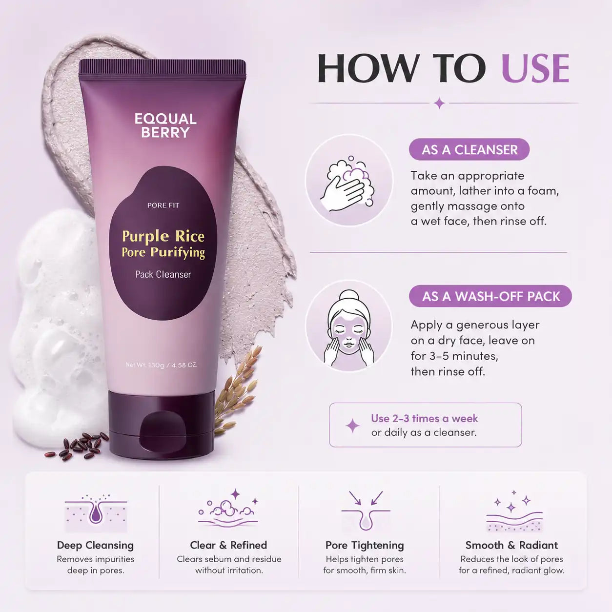 EQQUALBERRY Purple Rice Pore Purifying Cleanser 130g