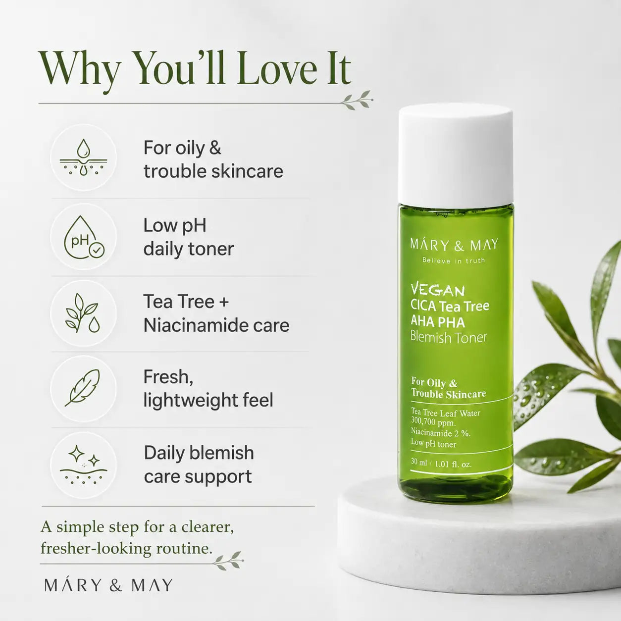 Mary&May Vegan CICA Tea Tree AHA PHA Blemish Toner Miniature 30ml
